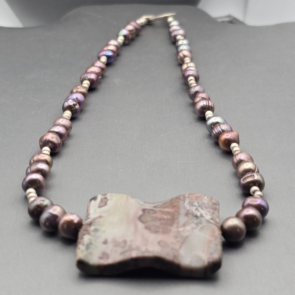 Peacock Baroque Pearl Purple Agate Pendant Sterling Silver Necklace 16" - Picture 2 of 12